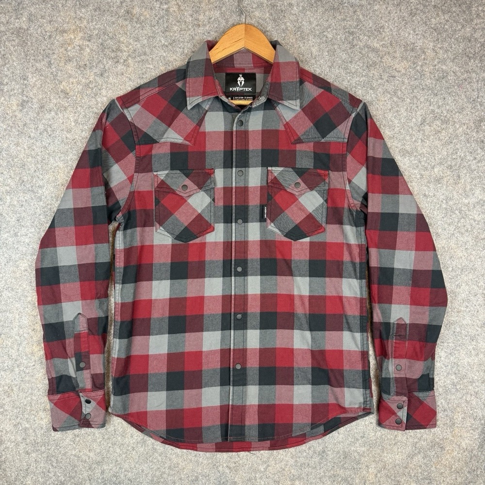 Kryptek Flannel Shirt Mens Small Red Plaid Snap Button Up Long Sleeve Stretch